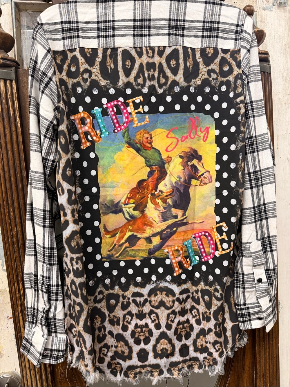 Cowgirl Patchwork Plaid & Leopard Button-Up with Colorful 'Ride' Back Panel